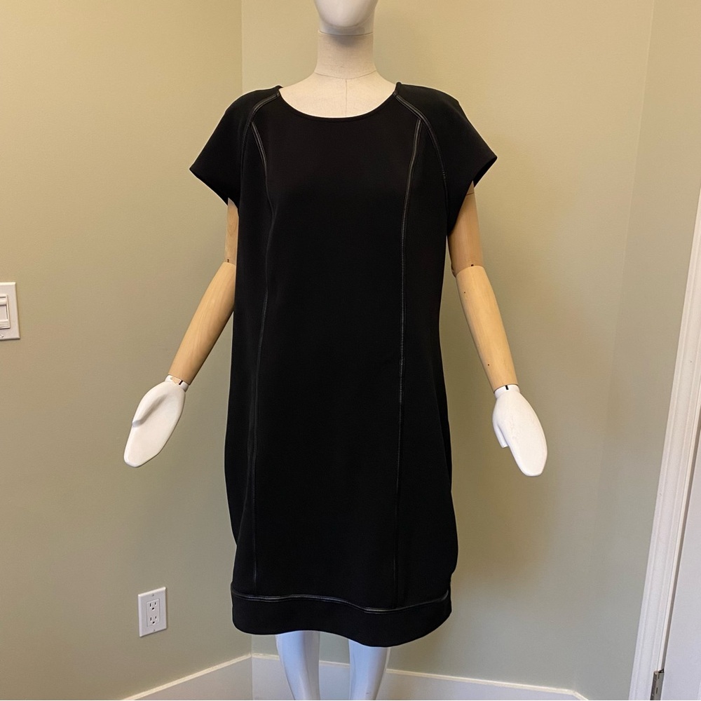 Versatile Black Midi Dress size 14/16 fit Faux Leather Details Flattering Fit